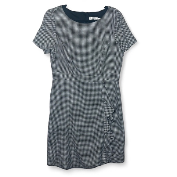 Eliza J Houndstooth Sheath Dress Size 12 Black White Ruffle Work Dress - Picture 3 of 9